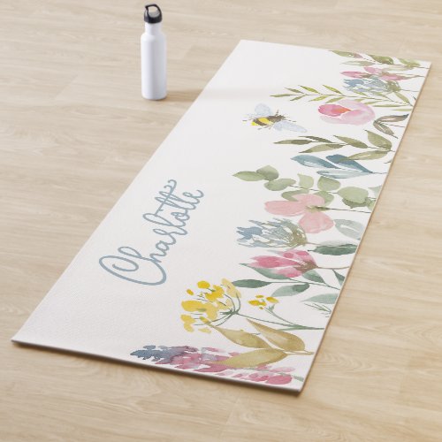 Watercolor Wild Flowers Floral Personalized Name Yoga Mat