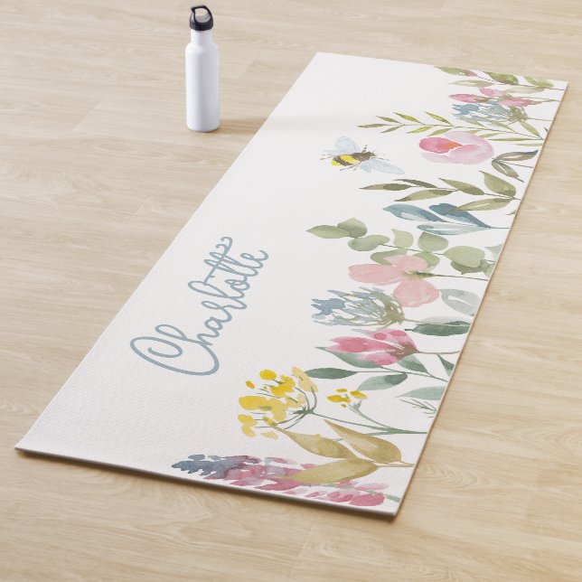 Watercolor Wild Flowers Floral Personalized Name Yoga Mat (In Situ)