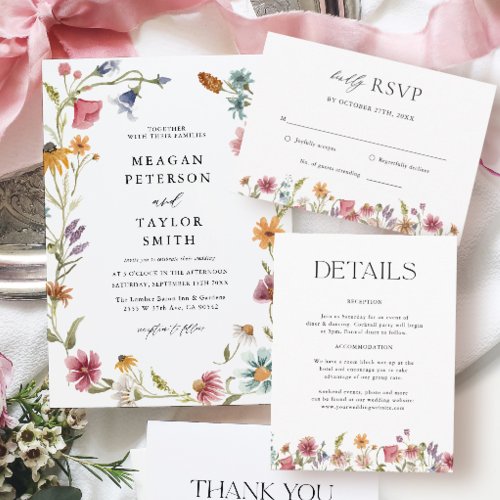 Watercolor Wild Flowers Floral Wedding Invitation