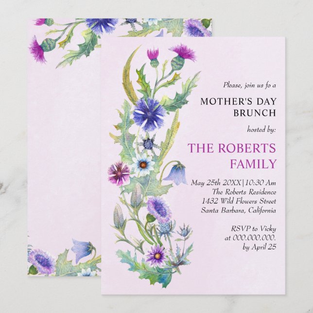 Watercolor wild flowers pink Mother's Day brunch Invitation (Front/Back)