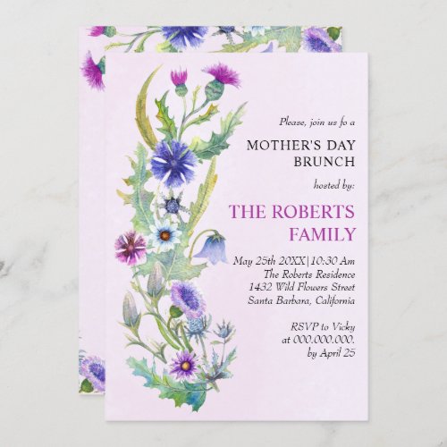 Watercolor wild flowers pink Mothers Day brunch Invitation