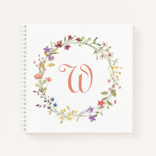 Watercolor Wild Flowers Wreath Frame Monogram Notebook