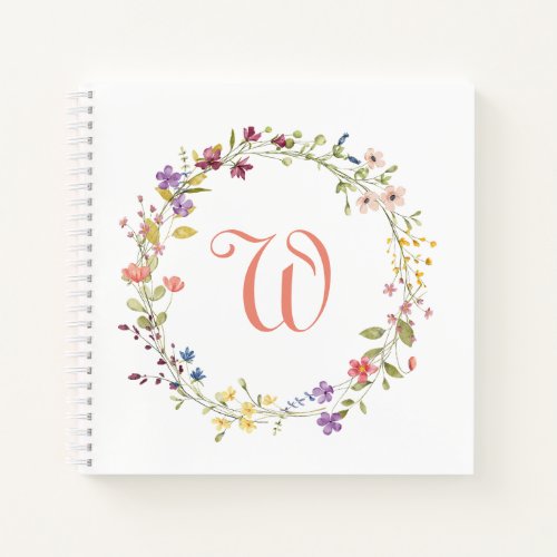 Watercolor Wild Flowers Wreath Frame Monogram Notebook