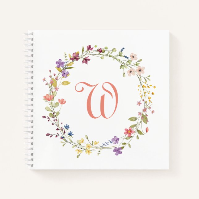 Watercolor Wild Flowers Wreath Frame Monogram Notebook (Front)