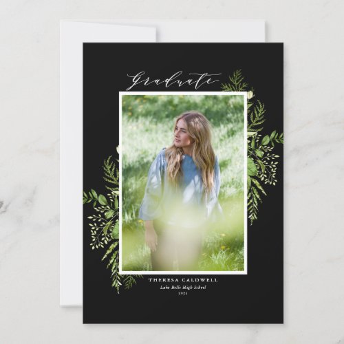 Watercolor Wild Foliage Black 2022 Graduation Invitation - Invite your family and friends to your graduation with this customizable class of 2022 greenery graduation invitation. It features watercolor wild foliage frame with a dainty script. Personalize this botanical graduation invitation by adding a portrait photo, name, school and other details. This photo graduation invitation is available in other colors and cardstock. 