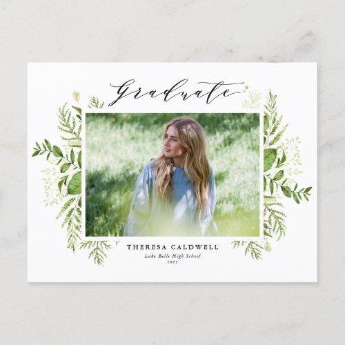 Watercolor Wild Foliage Black Photo Graduation  Postcard - Invite your family and friends to your graduation with this customizable class of 2022 greenery graduation invitation postcard. It features watercolor wild foliage frame with a dainty script. Personalize this botanical graduation postcard by adding a photo, name, school and other details. This photo graduation invitation postcard is available in other colors and cardstock. 