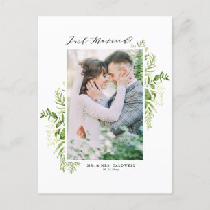 Watercolor Wild Foliage Frame Photo Just Married Announcement Postcard