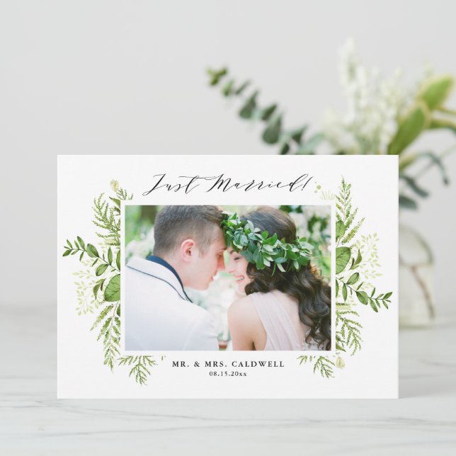 Watercolor Wild Foliage Horizontal Just Married Announcement (Standing Front)