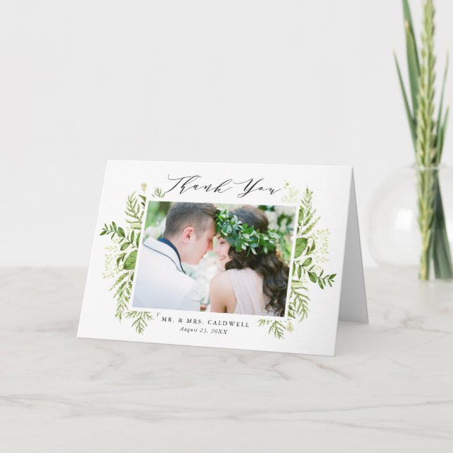 Watercolor Wild Foliage Photo Wedding Thank You (Front)