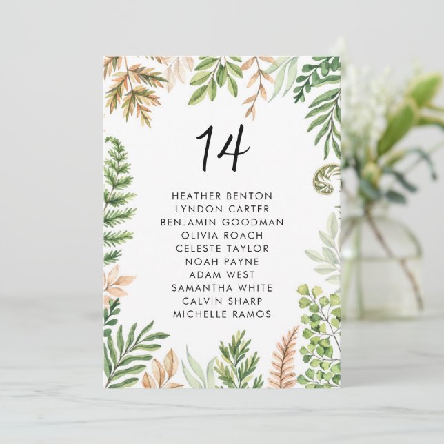 Watercolor Wild Foliage Wedding Seating Card (Standing Front)