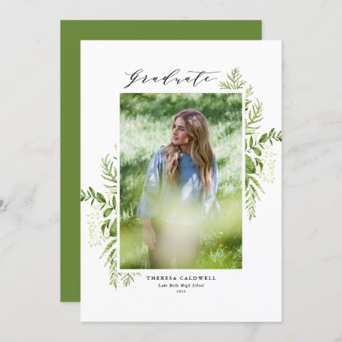 Watercolor Wild Foliage White 2022 Graduation Invitation - Invite your family and friends to your graduation with this customizable class of 2022 greenery graduation invitation. It features watercolor wild foliage frame with a dainty script. Personalize this botanical graduation invitation by adding a vertical photo, name, school and other details. This photo graduation invitation is available in other colors and cardstock. 