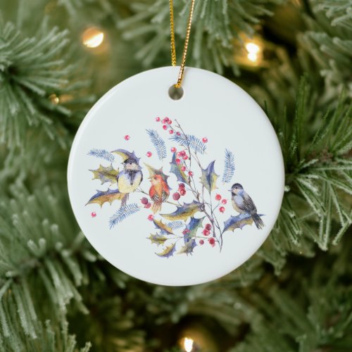 Watercolor Wild Forest Birds and Red Berries  Ceramic Ornament