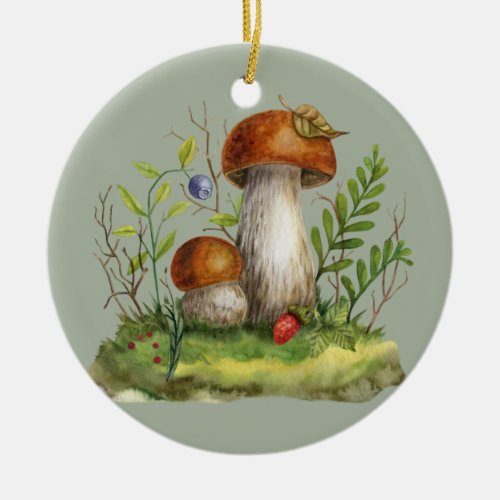 Watercolor Wild Forest Mushrooms and Berries Ceramic Ornament