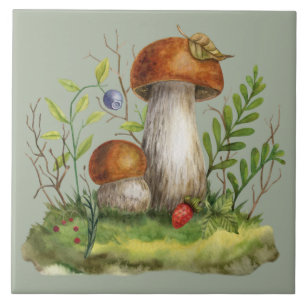 Watercolor Wild Forest Mushrooms and Berries Ceramic Tile