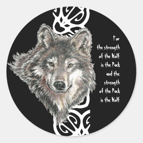 Watercolor Wild Gray Grey Wolf Head Family Quote Classic Round Sticker