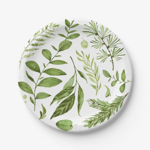 Watercolor Wild Green Foliage Leaves Cluster Paper Plates