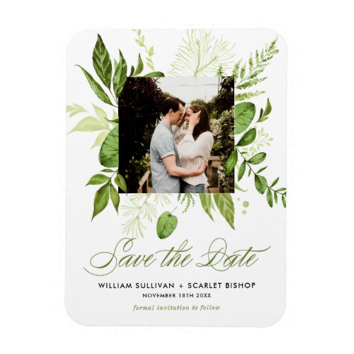 Watercolor Wild Green Foliage Photo Save the Date Magnet