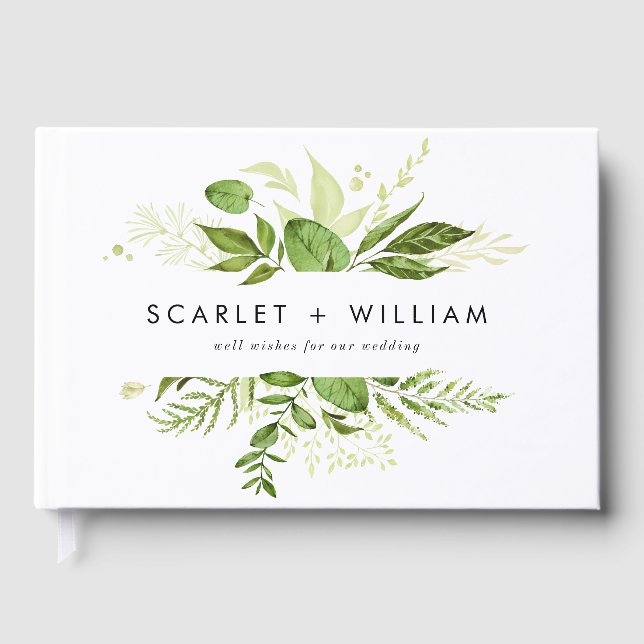 Watercolor Wild Green Foliage Photo Wedding Guest Book (Front)