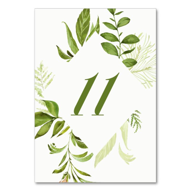 Watercolor Wild Green Foliage Table Number 11 Card (Front)