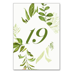 Watercolor Wild Green Foliage Table Number 19 Card