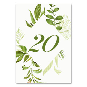 Watercolor Wild Green Foliage Table Number 20 Card