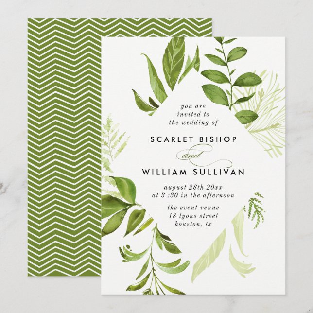 Watercolor Wild Green Foliage Wedding Invitation (Front/Back)