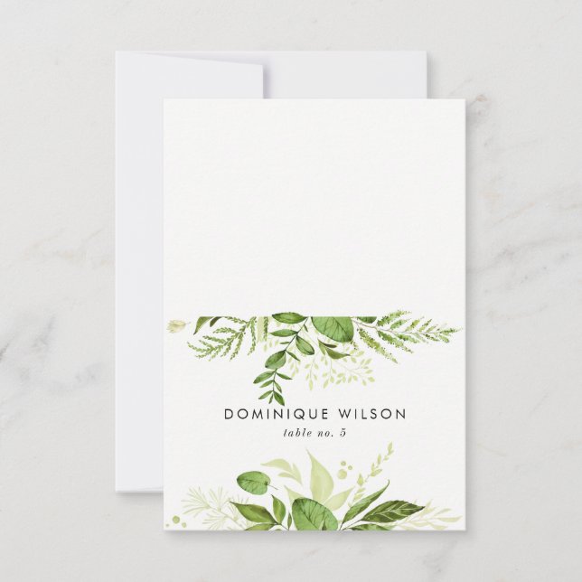 Watercolor Wild Green Foliage Wedding Place Card I (Front)