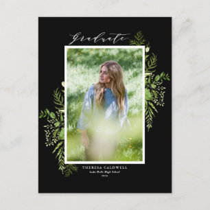 Watercolor Wild Greenery Black Graduation Postcard
