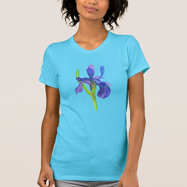 Watercolor Wild Iris Turquoise Blue T-Shirt (Front)