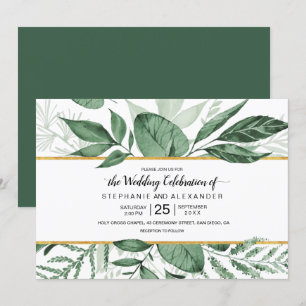Watercolor Wild Leaves Hunter Green Wedding Invitation