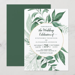 Watercolor Wild Leaves Hunter Green Wedding Invitation