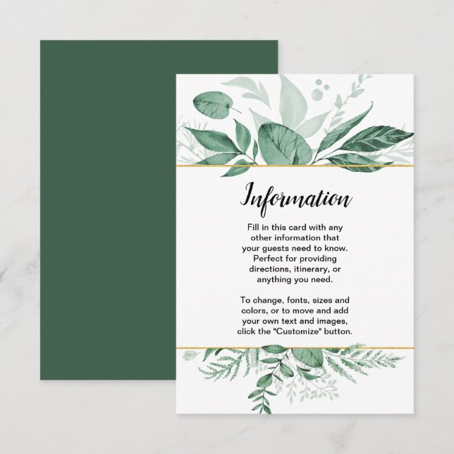 Watercolor Wild Leaves Hunter Green Wedding Invitation (Front/Back)
