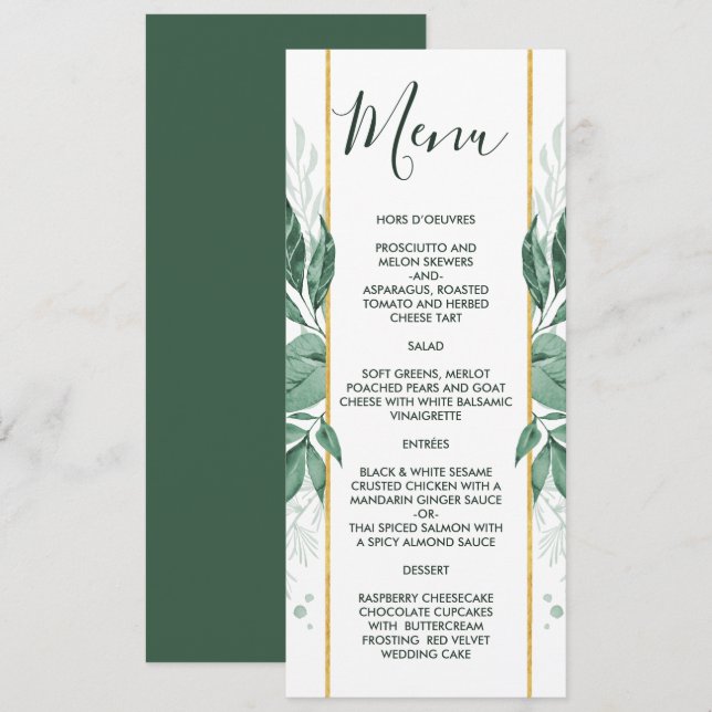 Watercolor Wild Leaves Hunter Green Wedding Menu (Front/Back)