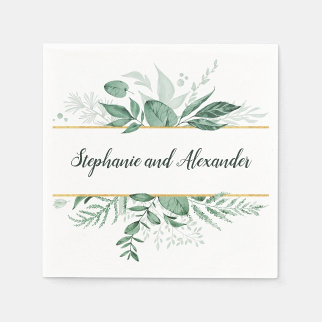 Watercolor Wild Leaves Hunter Green Wedding Napkins (Front)