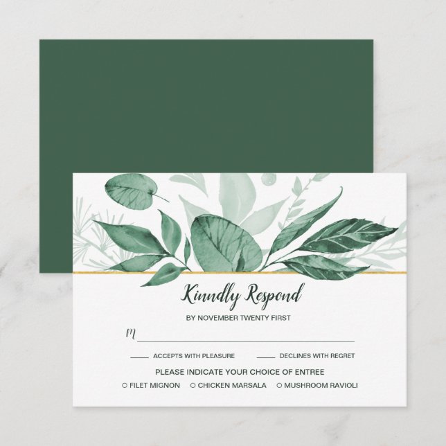 Watercolor Wild Leaves Hunter Green Wedding RSVP Card (Front/Back)