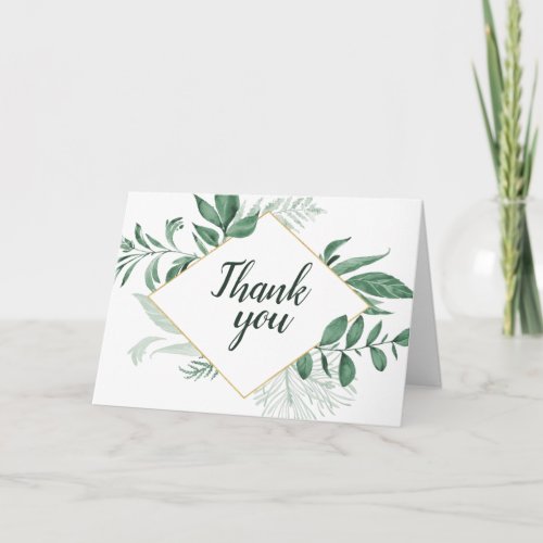 Watercolor Wild Leaves Hunter Green Wedding Thank You Card