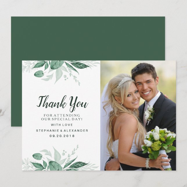 Watercolor Wild Leaves Hunter Green Wedding Thank You Card (Front/Back)