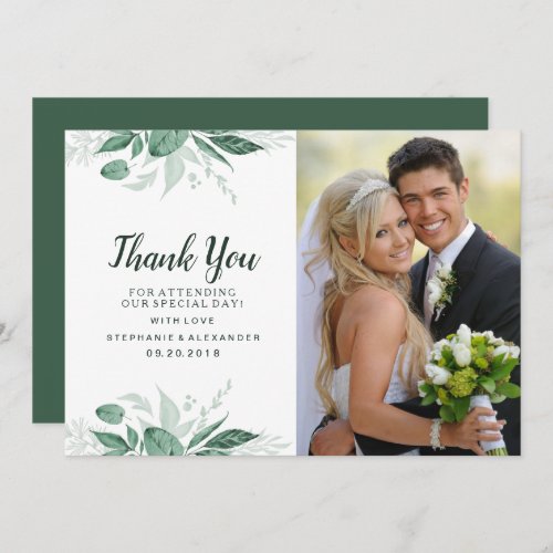 Watercolor Wild Leaves Hunter Green Wedding Thank You Card