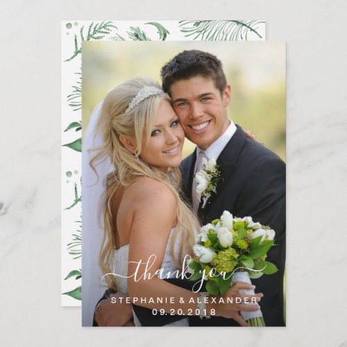 Watercolor Wild Leaves Hunter Green Wedding Thank You Card