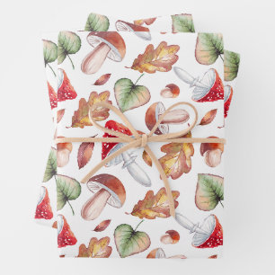 Watercolor Wild Mushrooms and Autumn Leaves Wrapping Paper Sheets