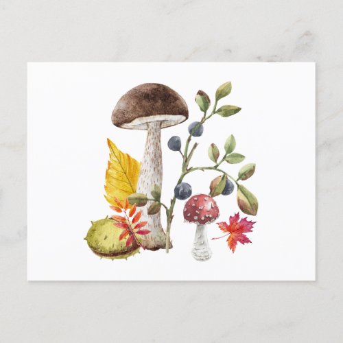 Watercolor Wild Mushrooms Autumn Leaves Berries  Postcard
