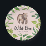 Watercolor Wild One Bear First Birthday | Blush Paper Plates<br><div class="desc">These beautiful first birthday party plates feature a watercolor painted brown bear and leaves,  along with stylish typography,  reading,  "Wild One." Simply customize with your child's name! The background color and text color can be customized,  if desired (shown in blush pink and gray).</div>
