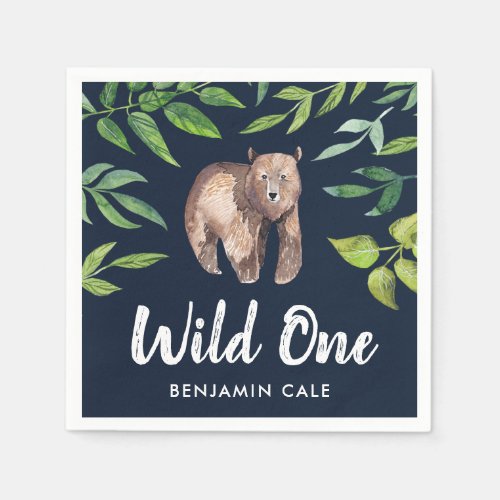 Watercolor Wild One Bear First Birthday  Navy Napkins