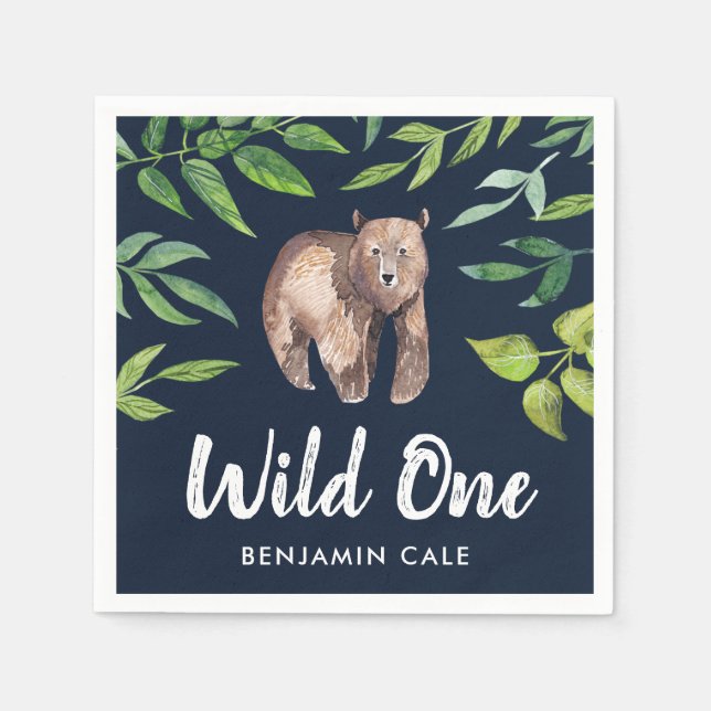 Watercolor Wild One Bear First Birthday | Navy Napkins (Front)