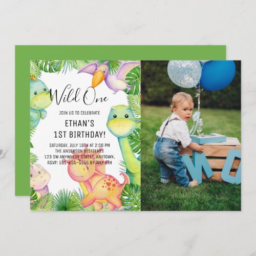 Watercolor Wild One Dinosaur 1st Birthday Photo Invitation