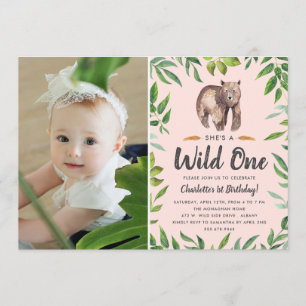 Watercolor Wild One Girls Photo Birthday Blush Invitation