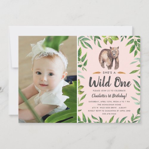 Watercolor Wild One  Girls Photo Birthday  Blush Invitation