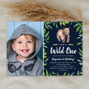 Watercolor Wild One Photo Birthday Party Navy Invitation