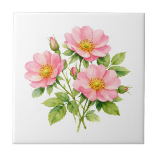 Watercolor Wild Pink Roses  Ceramic Tile