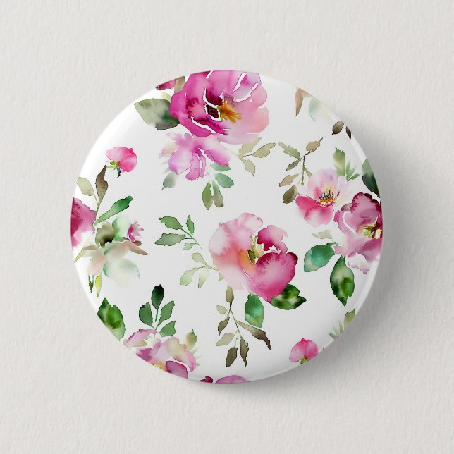 Watercolor Wild Rose Pattern Button (Front)